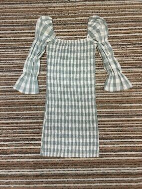 Smocked Gingham Puff-Sleeve Dress in Sage